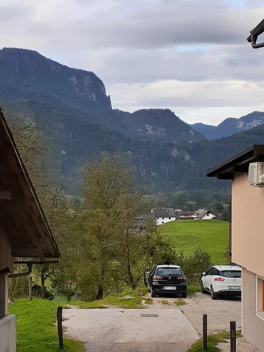 Pogled od hiše čez travnik na gozdnate hribe nad Selom