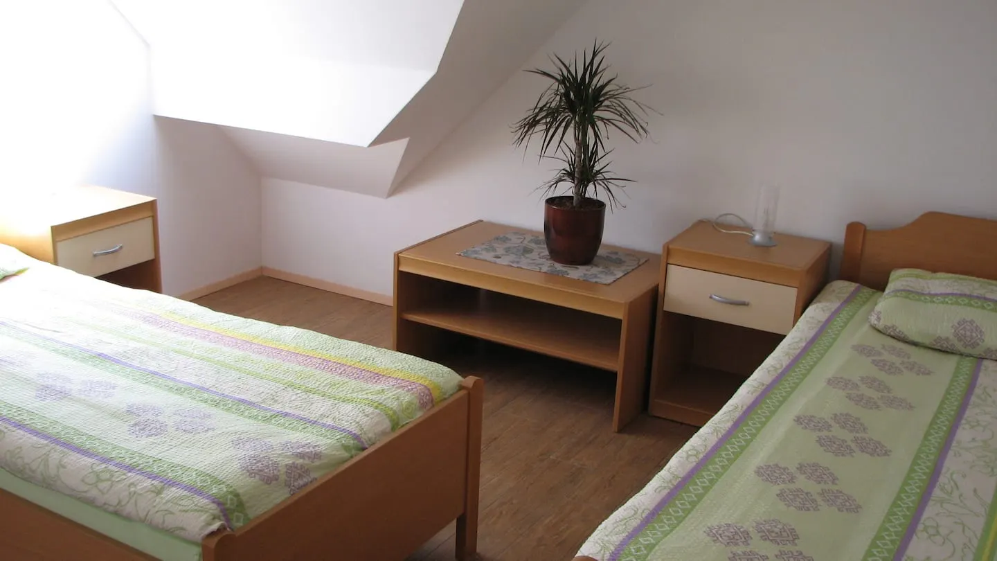 Spalnica z dvema posteljama pod poševnim stropom